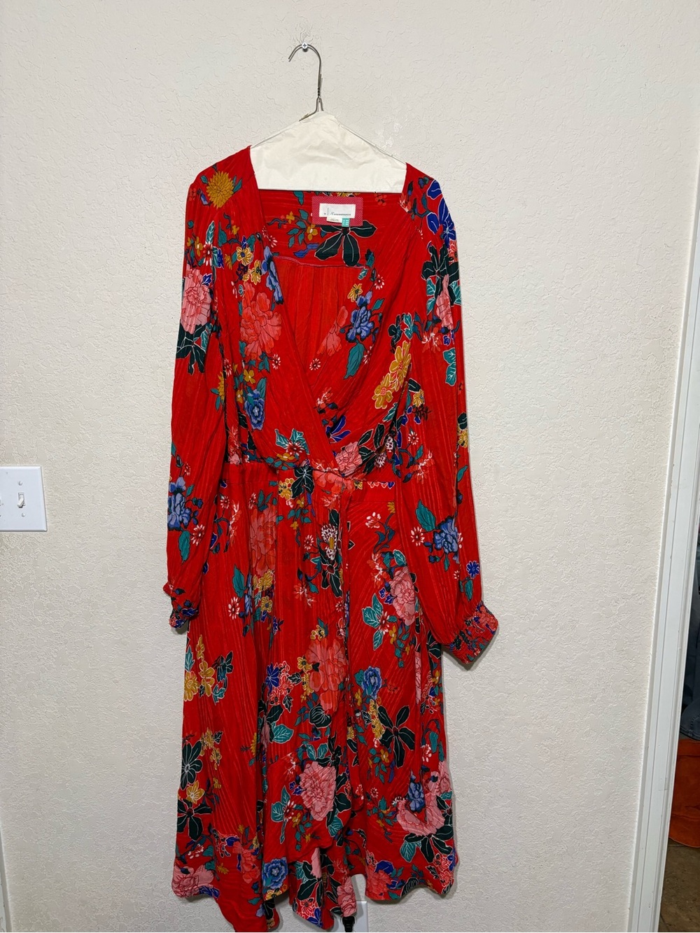 Anthropologie Red Floral Wrap-Style Long Sleeve Midi Dress